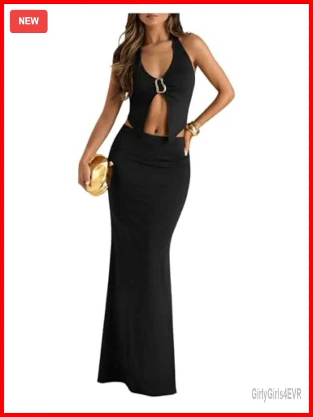 Two Piece Maxi Skirt Set Halter Neck Open Back Split Front Vacation Outfit